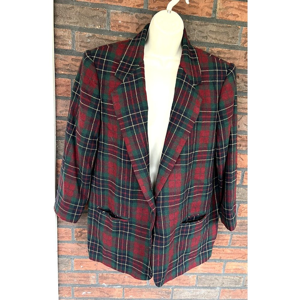 Vintage Red Blue Green Tartan Plaid Blazer 14 Petite Shoulder Pads Lined Pockets